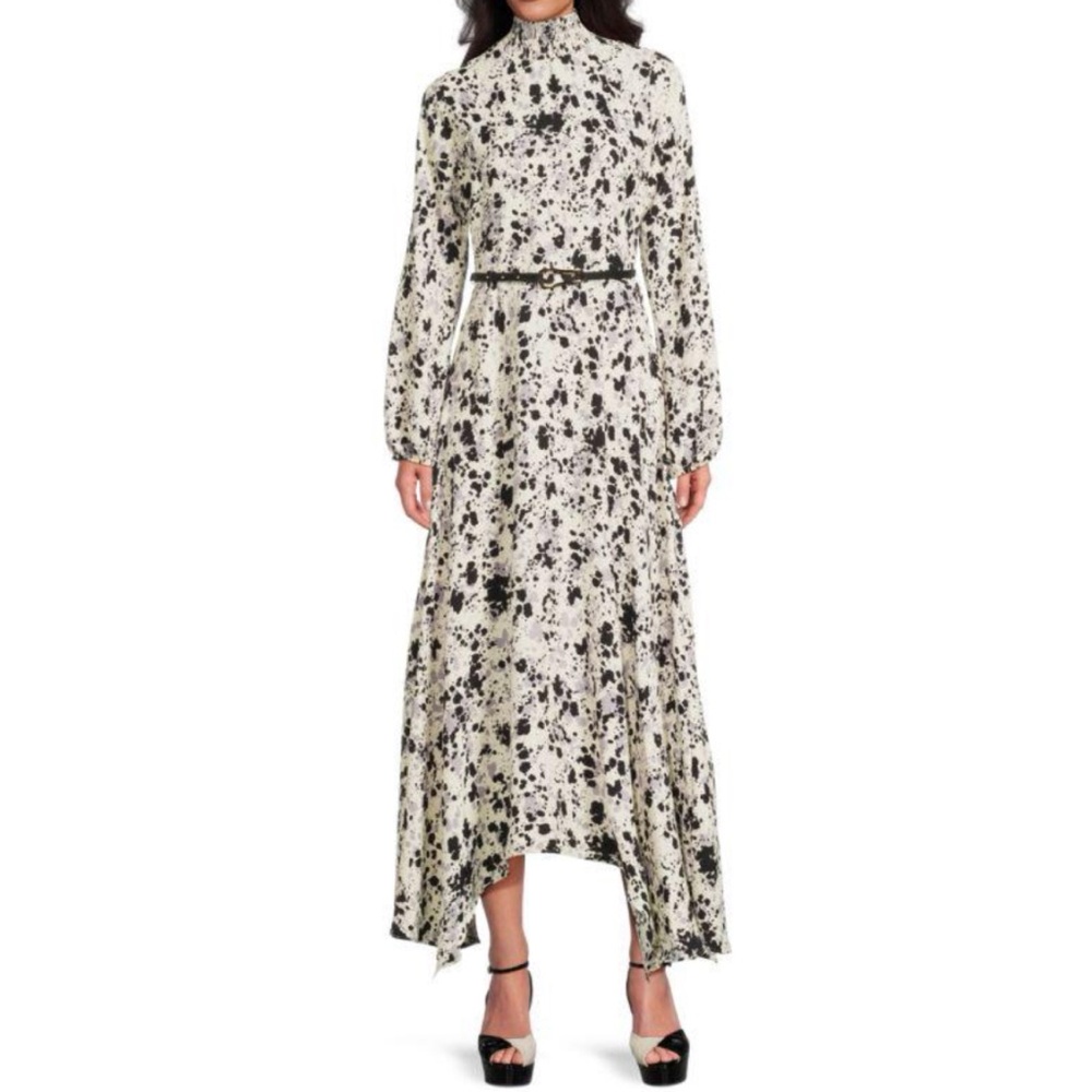 Halston Women’s 10 Black Gray Cream Long Sleeve Scarf Hem Maxi Dress Feminine